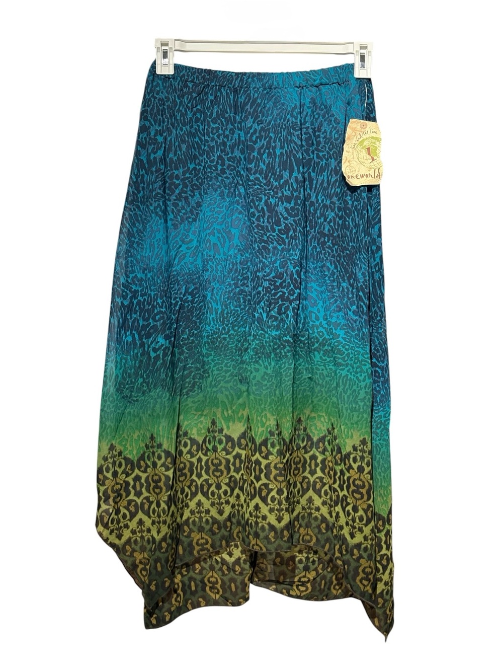 One World Live & Let Live Teal Green Animal Print Sharkbite Maxi Skirt NWT S